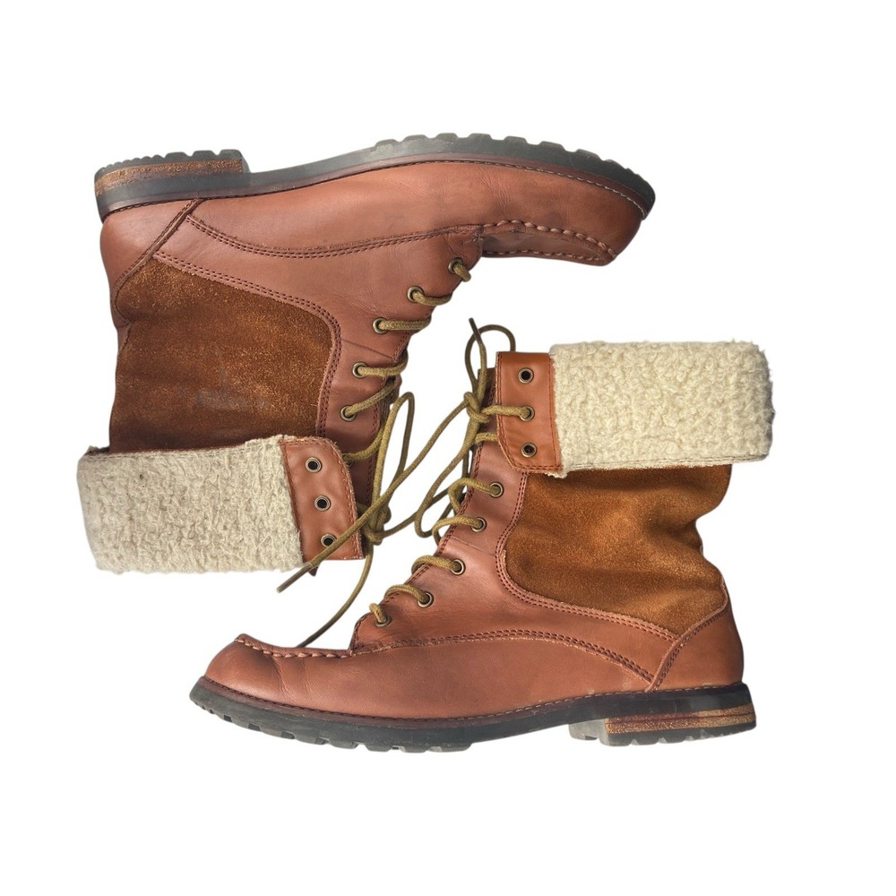 Leather Shearling Lined Lace Up Moc Toe Boots Womens Size 8.5 Tan Fold Over Gorp